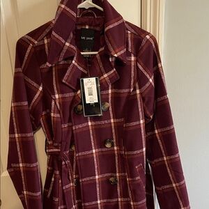 Me Jane Burgundy Plaid Trench Coat